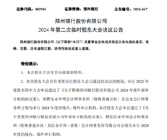 郑州银行：审议通过了《关于变更郑州银行股份有限公司外部审计机构的议案》